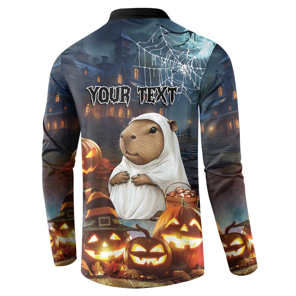 Halloween capybara button sweatshirt, back print with “YOUR TEXT” and jack-o’-lanterns