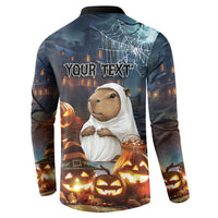 Halloween capybara button sweatshirt, back print with “YOUR TEXT” and jack-o’-lanterns