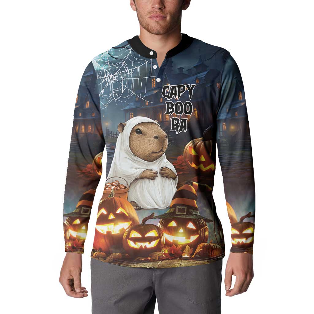 Halloween capybara button sweatshirt on model, ghost hood and pumpkins front graphic