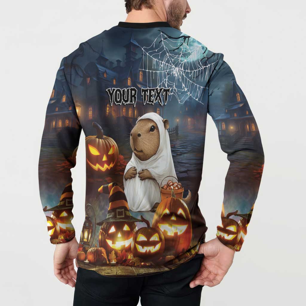 Halloween capybara button sweatshirt on model, back print with “YOUR TEXT” and pumpkins