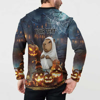 Halloween capybara button sweatshirt on model, back print with “YOUR TEXT” and pumpkins