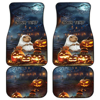 Personalized Halloween car mats showing two capybara ghost mats with “YOUR TEXT” on scene