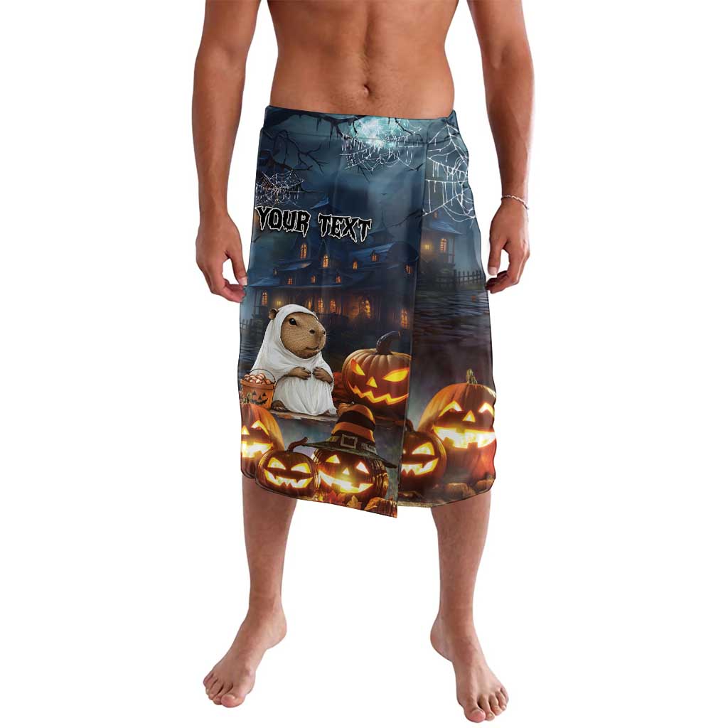 Halloween-themed swim shorts with capybara and jack-o-lanterns graphic, front view