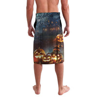 Halloween swim shorts with jack-o-lantern pumpkin field graphic, side view