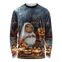 Halloween long-sleeve shirt with capybara ghost graphic, bats, pumpkins and orange text