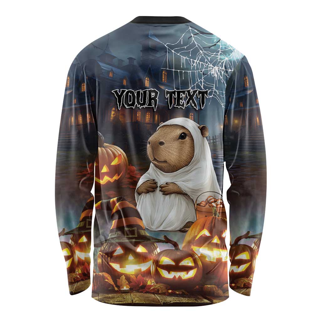 Halloween long-sleeve shirt with capybara ghost, jack-o’-lanterns, “YOUR TEXT” back