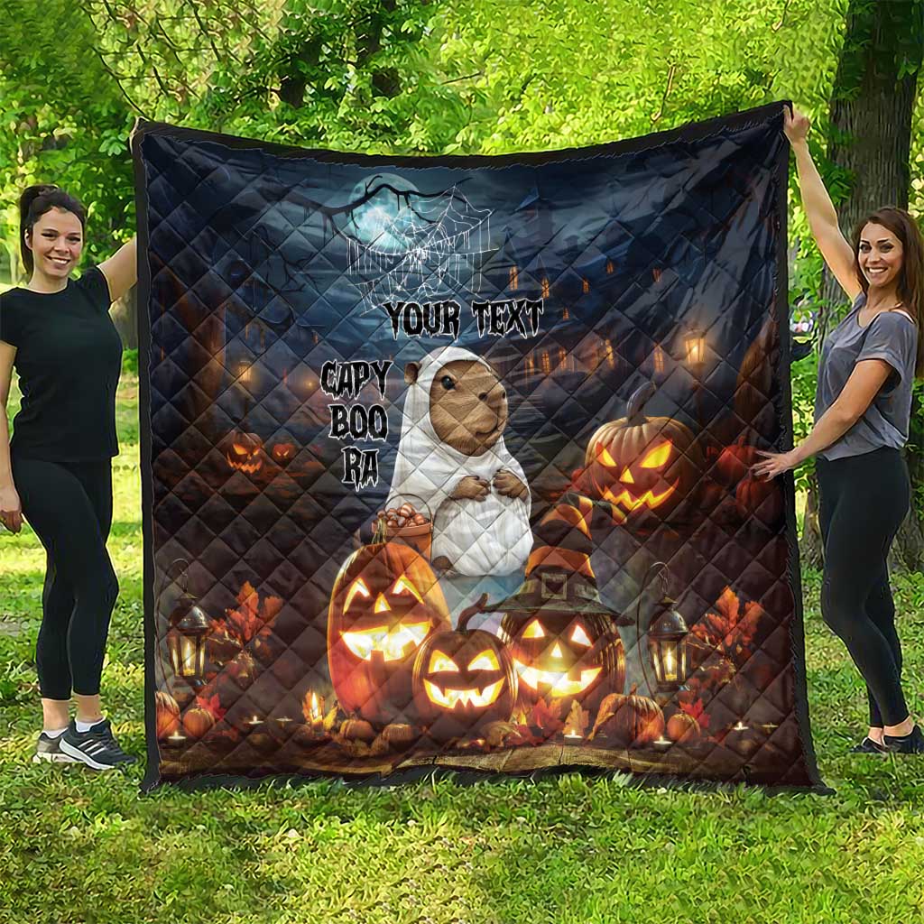 Halloween quilt blanket, dark blue, capybara character with “YOUR TEXT” and glowing pumpkins