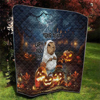 Halloween quilt blanket in dark blue with capybara holding “YOUR TEXT” and lit jack-o’-lanterns