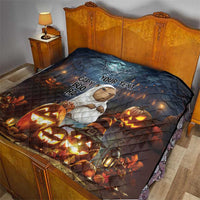 Halloween quilt bedding in dark blue with capybara, “YOUR TEXT,” ghost web and glowing pumpkins
