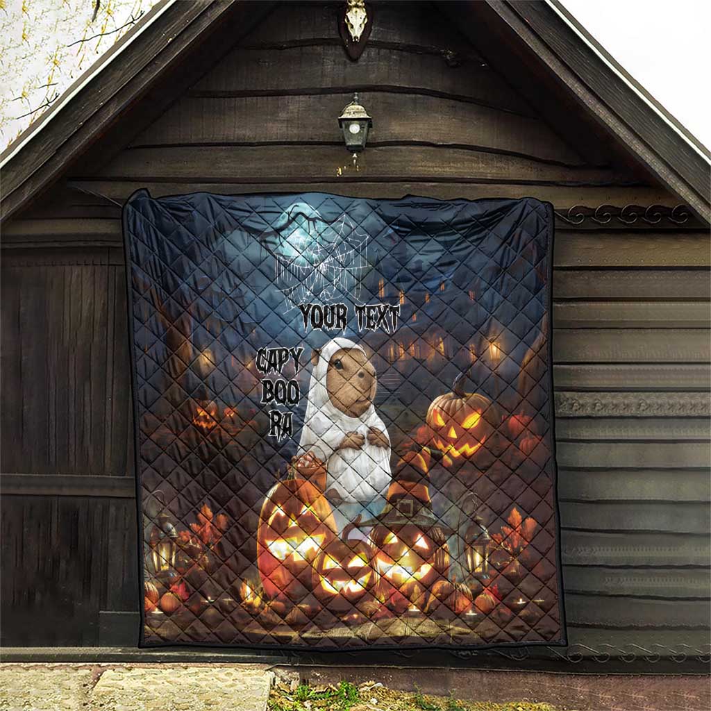 Halloween quilt blanket in dark blue with capybara, “YOUR TEXT,” ghost spiderweb and jack-o’-lanterns