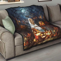 Halloween quilt throw in dark blue with capybara, “YOUR TEXT,” ghost web and lit pumpkins