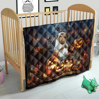 Halloween quilt for crib in dark blue with capybara, “YOUR TEXT,” ghost web and glowing jack-o’-lanterns