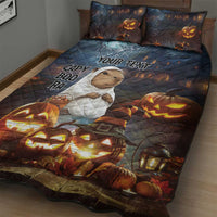 Personalized Halloween quilt bed set with capybara and glowing jack-o'-lanterns on dark quilt