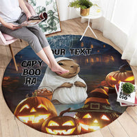 Round Halloween carpet with capybara portrait, 'CAPY BOO RA', and jack-o'-lanterns.