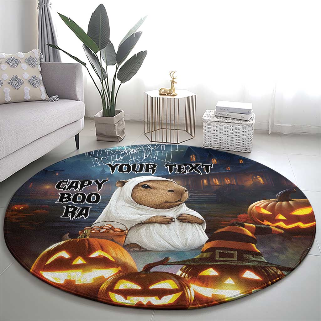 Round Halloween carpet featuring capybara in ghost outfit, 'YOUR TEXT', and glowing pumpkins.