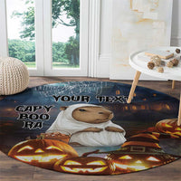 Round Halloween carpet with capybara in white ghost outfit, 'YOUR TEXT', and orange jack-o'-lanterns.