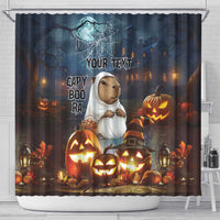 Halloween shower curtain with capybara holding a pumpkin, glowing jack-o-lanterns, 'YOUR TEXT'