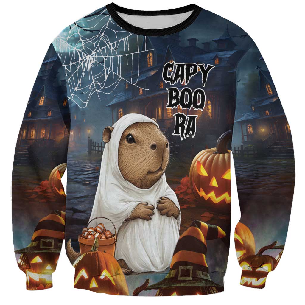 Unisex black sweatshirt with capybara ghost Halloween graphic and jack-o'-lanterns