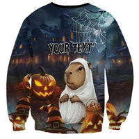 Unisex black sweatshirt with 'YOUR TEXT' print, capybara ghost and Halloween scene