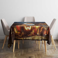 Halloween tablecloth on square dining table with glowing jack-o'-lantern design