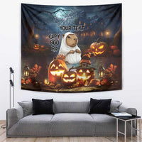 Dark Halloween tapestry with capybara in ghost outfit and jack-o'-lanterns