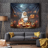 Dark Halloween tapestry featuring capybara and 'YOUR TEXT' headline