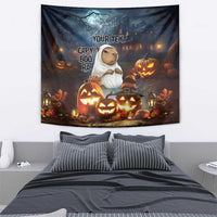 Dark Halloween tapestry with capybara, stacked pumpkins, and 'YOUR TEXT'