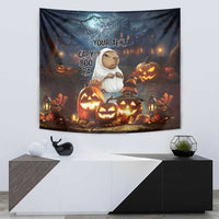 Dark Halloween wall tapestry with capybara and glowing jack-o'-lantern scene