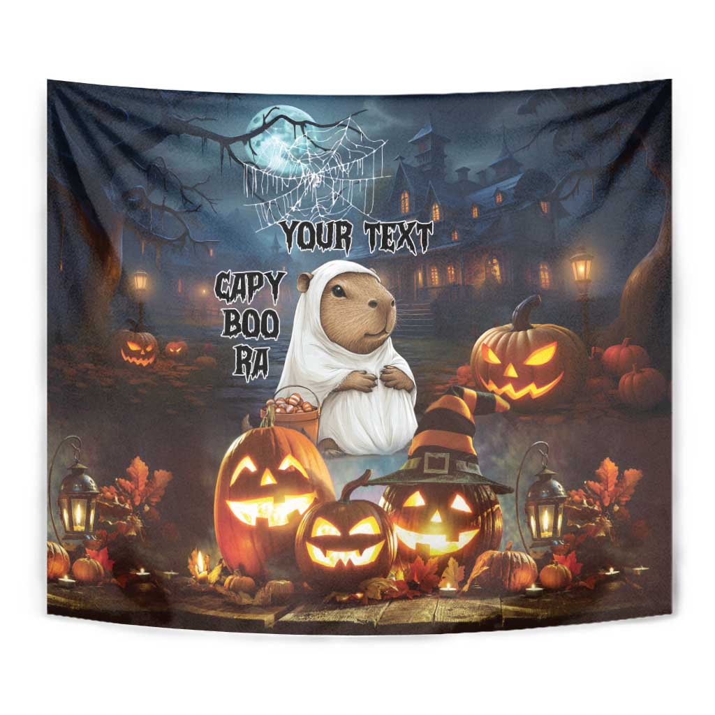 Dark Halloween tapestry close-up with 'YOUR TEXT' above a capybara