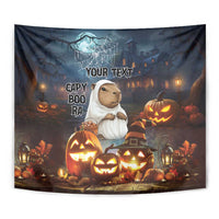 Dark Halloween tapestry close-up with 'YOUR TEXT' above a capybara