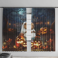 Halloween window curtain with capybara ghost, pumpkins, spiderweb pattern, black design top