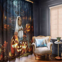 Halloween window curtain featuring capybara ghost character with jack-o’-lanterns and spiderwebs