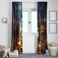 Halloween window curtains with capybara ghost, jack-o’-lanterns, and teal spiderweb motif