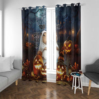 Halloween curtain set with capybara ghost, jack-o’-lanterns, and warm lantern light graphics