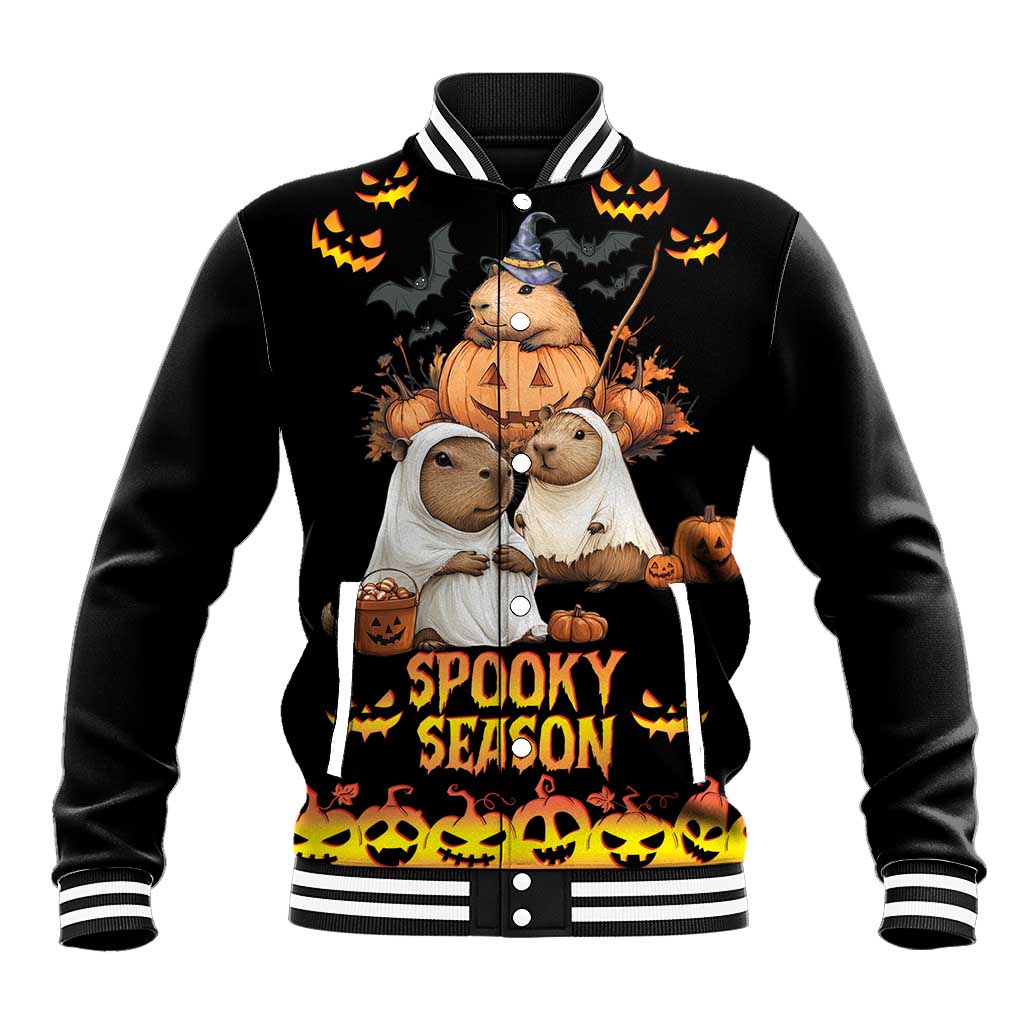 Unisex black baseball jacket with hood graphic capybaras, bats, pumpkins, 'Spooky Season'.