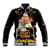 Unisex black baseball jacket with hood graphic capybaras, bats, pumpkins, 'Spooky Season'.