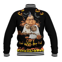 Unisex black baseball jacket, back graphic capybaras in hood with bats, pumpkins, 'Capy Boo-Ra'.