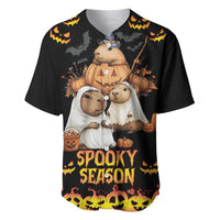 Black baseball jersey with cartoon capybara trio, pumpkins and bats, 'Spooky Season'