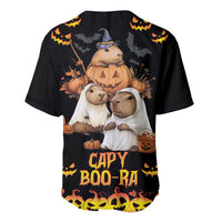 Black baseball jersey with capybara trio in white ghost outfits, bats, 'CAPY BOO-RA'