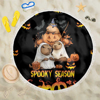 Black round beach blanket with fringe, 'Spooky Season' animal witch print