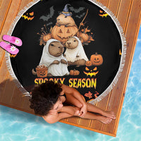 Black round beach blanket with fringe, Spooky Season pumpkins and animal witches graphic