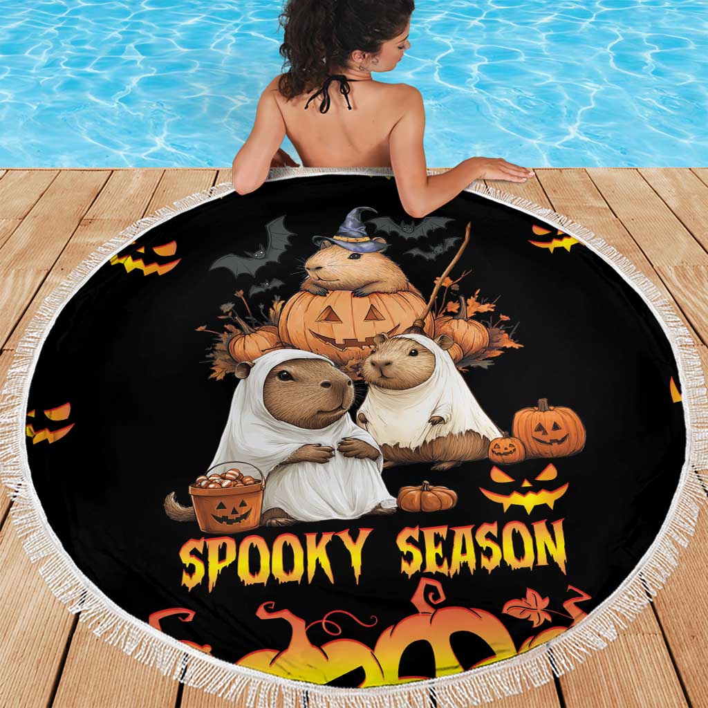 Black round beach blanket with fringe, Spooky Season animal trio in witch costumes