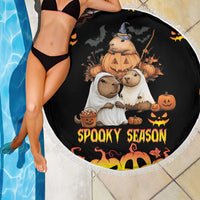 Black round beach blanket with fringe, Spooky Season pumpkins and animal witch print