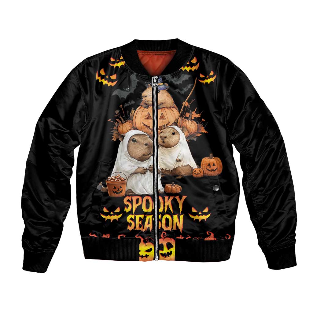 Unisex black bomber jacket with Halloween front graphic and zipper, Spooky Season print
