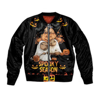 Unisex black bomber jacket with Halloween front graphic and zipper, Spooky Season print