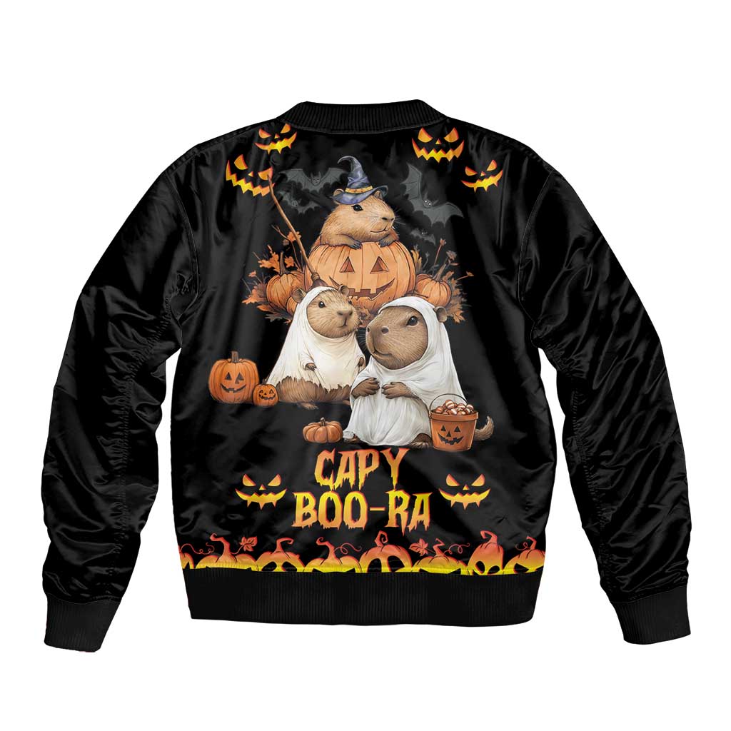 Unisex black bomber jacket with large Halloween Capy Boo-Ra graphic, pumpkins and ribbed hem