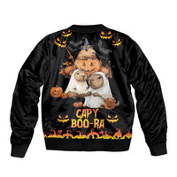 Unisex black bomber jacket with large Halloween Capy Boo-Ra graphic, pumpkins and ribbed hem