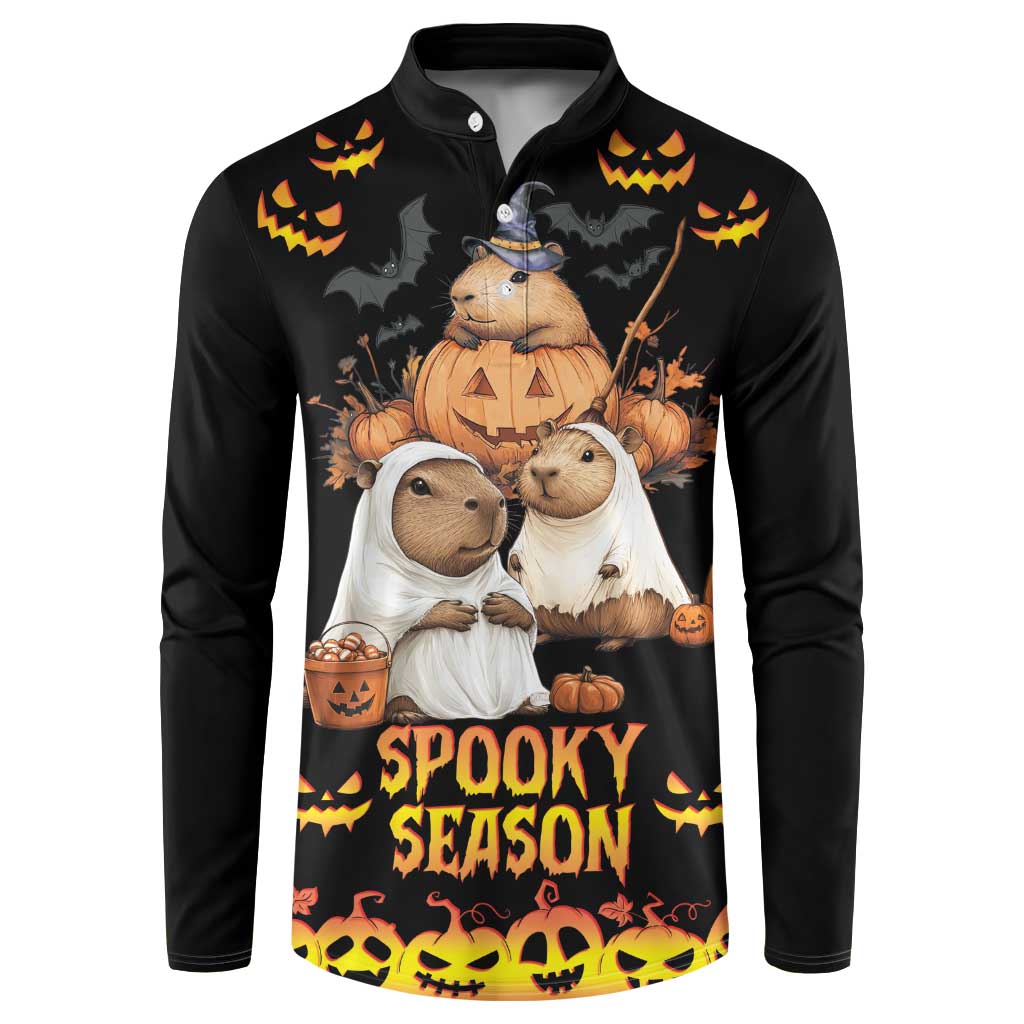 Black button-front sweatshirt with “Spooky Season” lettering and jack-o’-lantern animal graphic