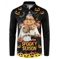 Black button-front sweatshirt with “Spooky Season” lettering and jack-o’-lantern animal graphic