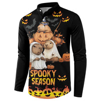 Black button-front sweatshirt with spooky bat backdrop and “Spooky Season” pumpkin graphic